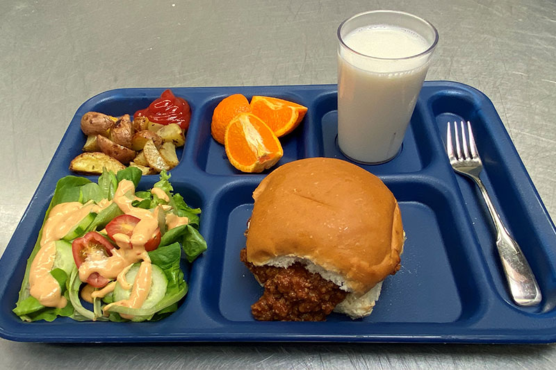 Sloppy Joe, salad, orange slices, potatoes with ketchup, and milk on tray with fork