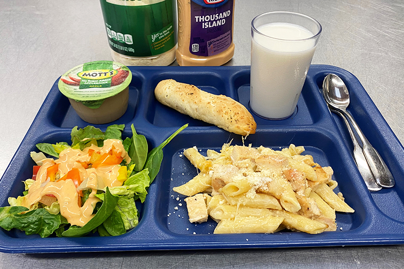 Chicken Alfredo pasta bake, breadstick, green salad, fruit and milk