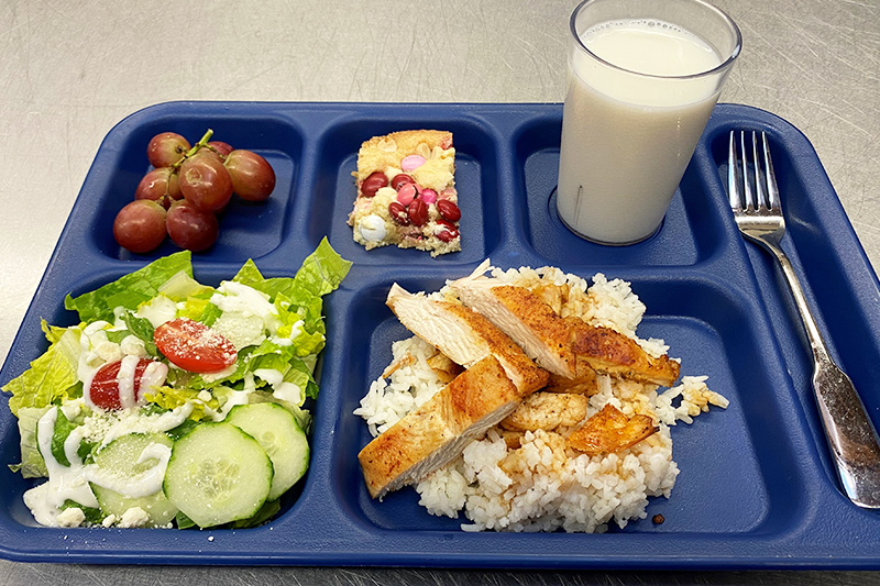 Teriyaki Chicken, salad, grapes, cookie bar, and glass of milk